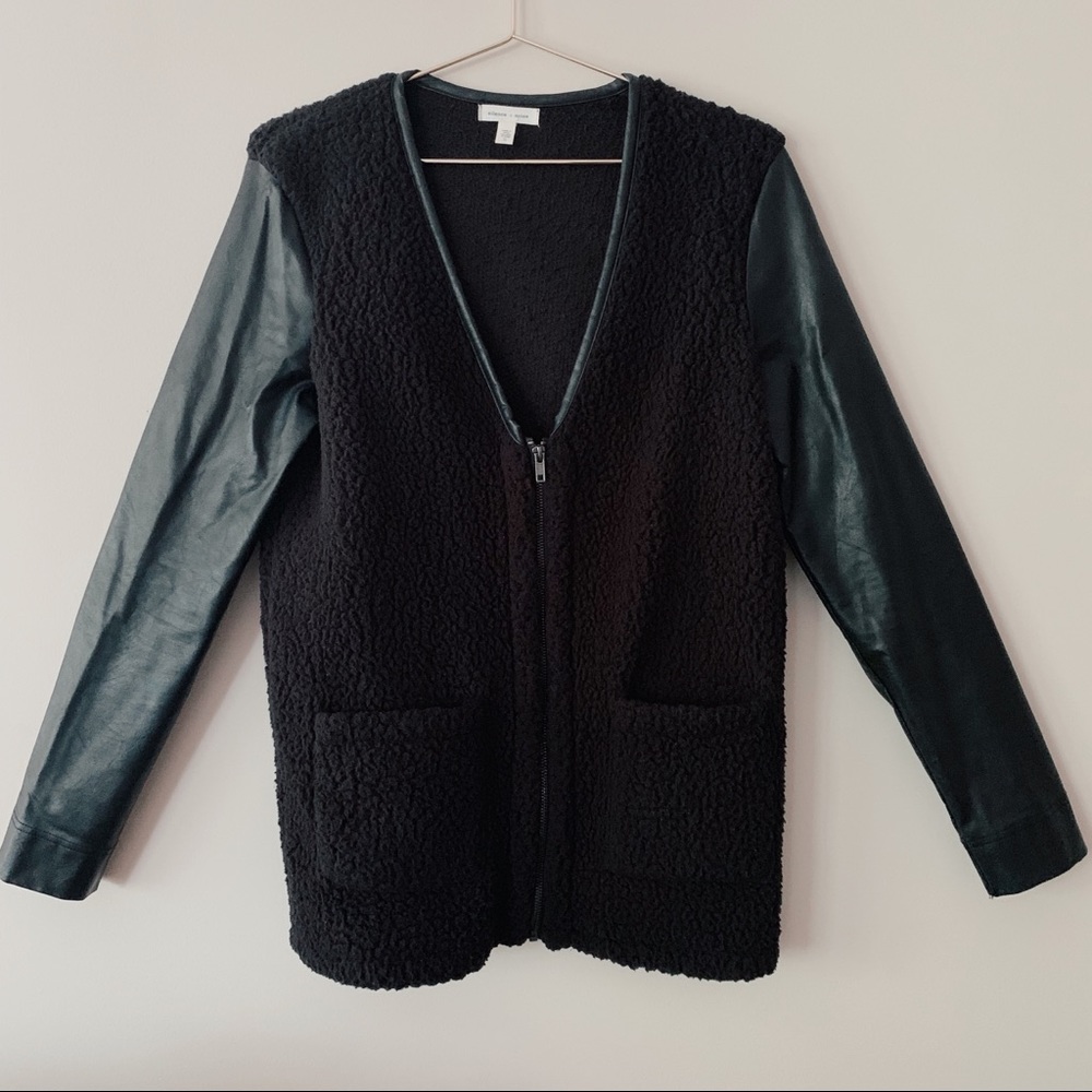 black fuzzy jacket faux leather sleeves fuzzy